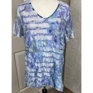 Roz & Ali Floral Overlay Lace Top Blouse Sheer Sleeves Lightweight Blue Green 3X